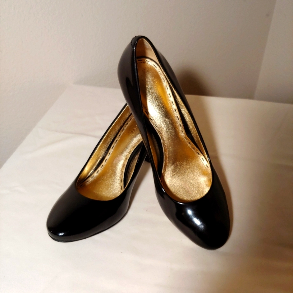 Coach Black Patent Leather Heels with Gold Interior